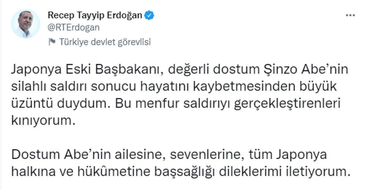Cumhurbaşkanı Erdoğan'dan, Şinzo Abe için taziye mesajı