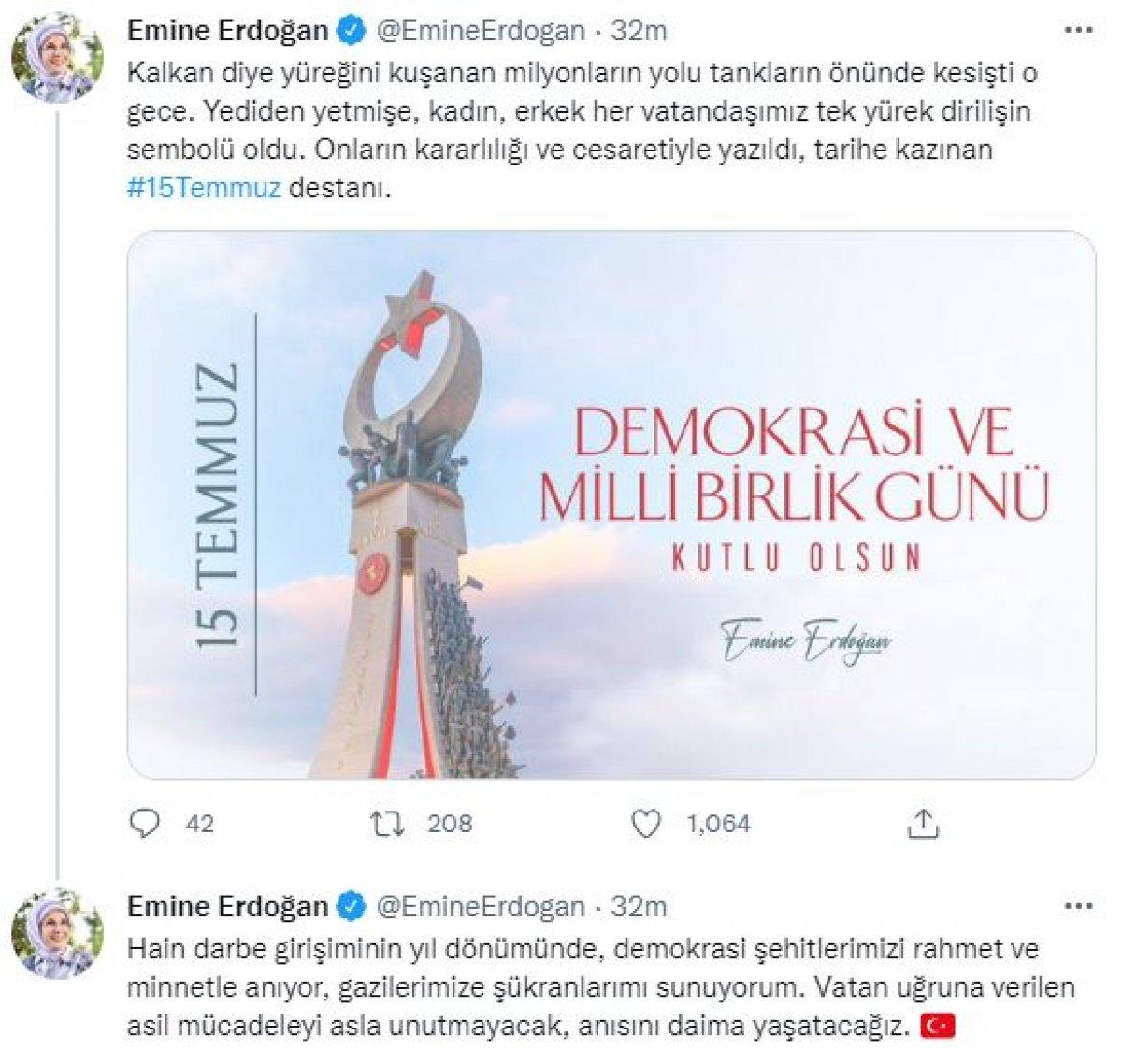 Emine Erdoğan'dan 15 Temmuz paylaşımı: Asil mücadeleyi daima yaşatacağız