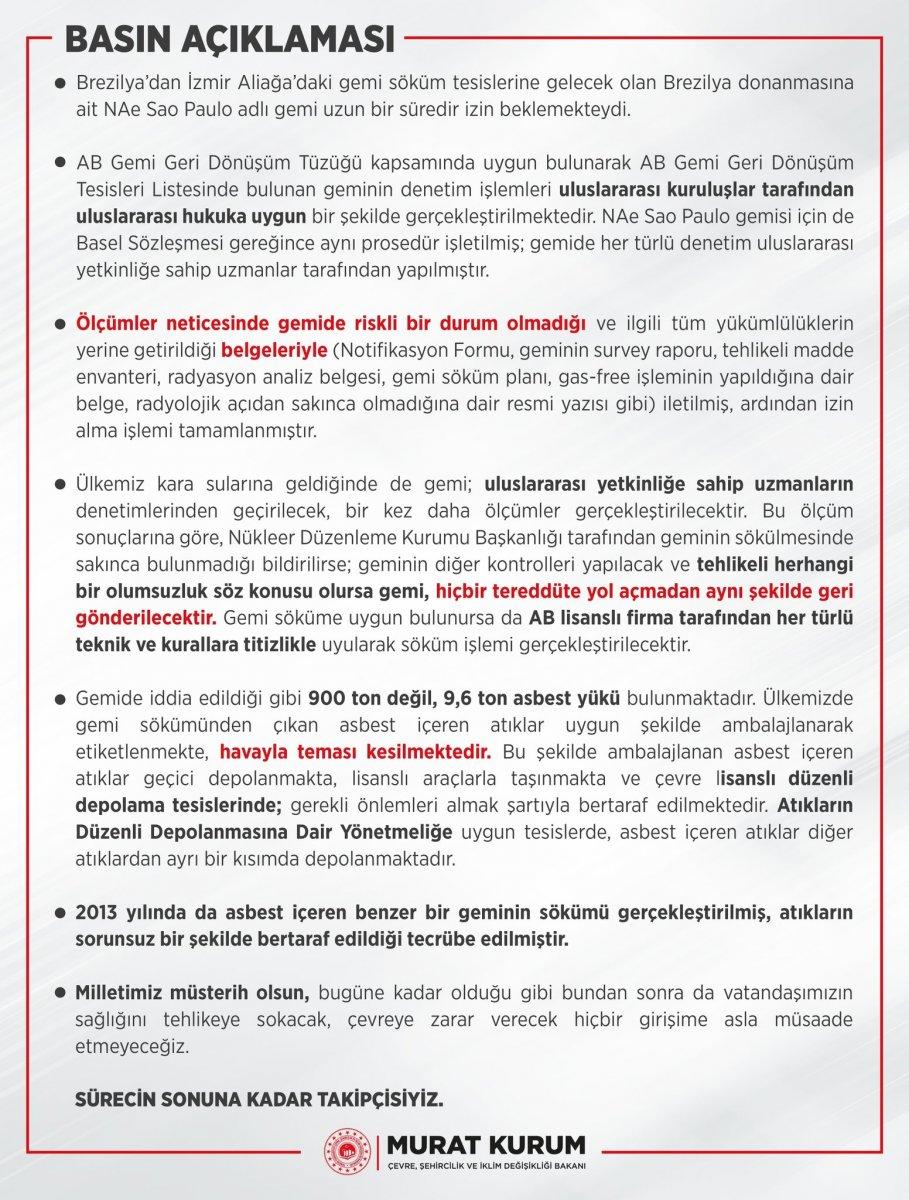 Murat Kurum'dan Brezilya savaş gemisi sökümü hakkında açıklama