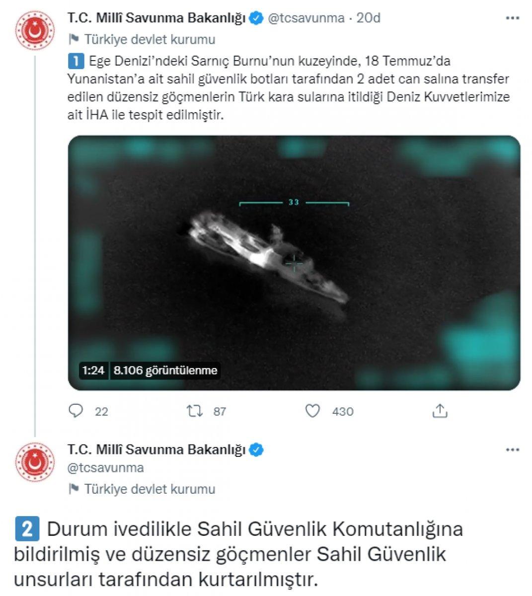 MSB, Ege Denizi'nde göçmenlerin İHA ile belirlenerek kurtarıldığını açıkladı