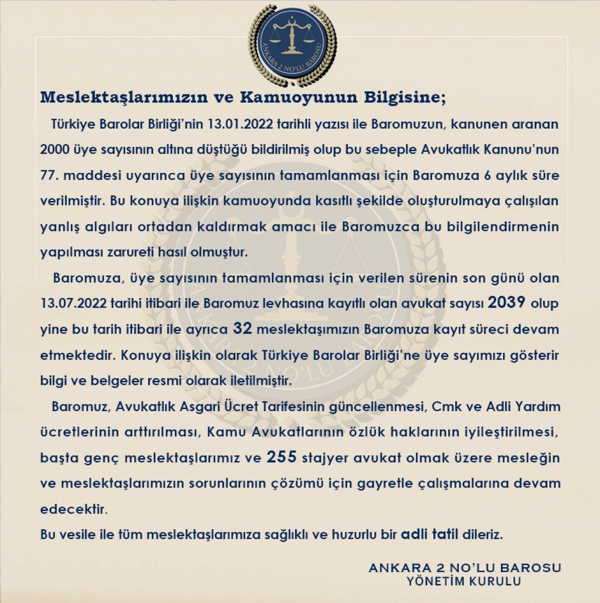 Ankara 2 No'lu Barosu, üye sayısının 2 binin üzerinde olduğunu açıkladı