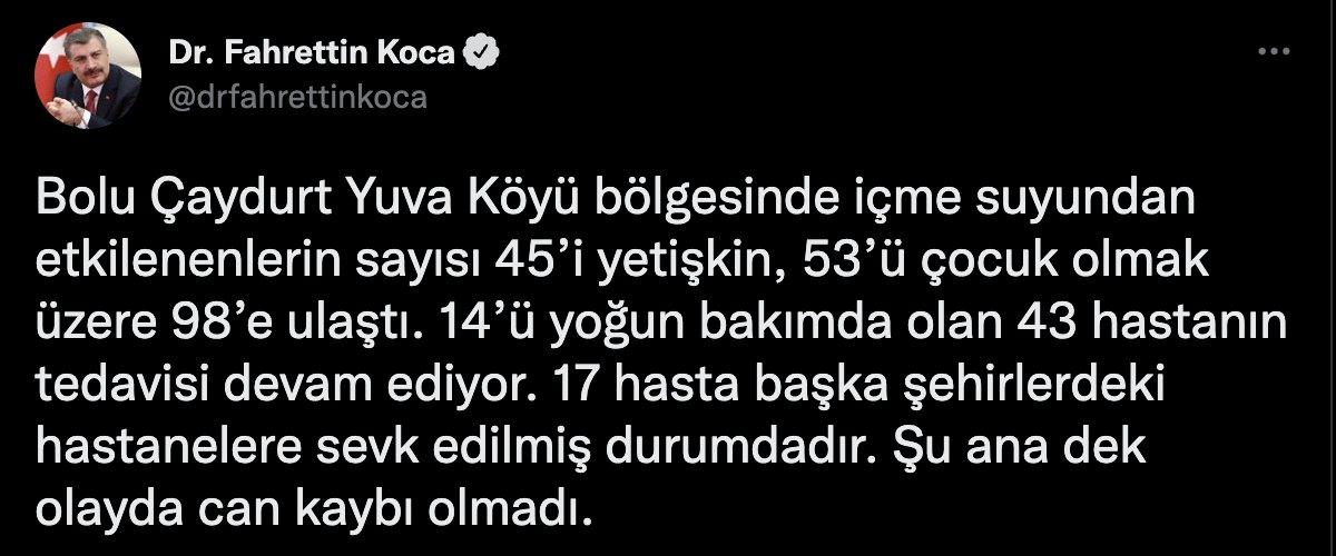 Bolu'daki içme suyundan etkilenenlerin sayısı 98'e yükseldi: 14 kişi yoğun bakımda