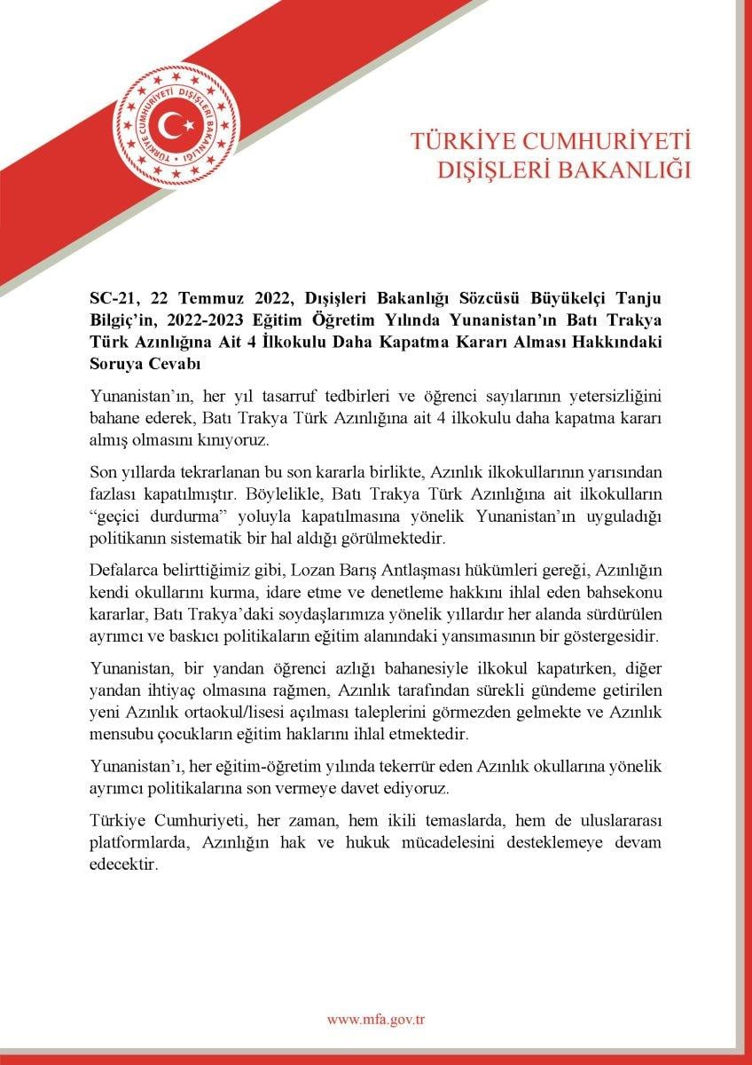 Dışişleri Bakanlığı, Yunanistan’ın Batı Trakya Türk Azınlığına ait 4 ilkokulu kapatma kararını kınadı