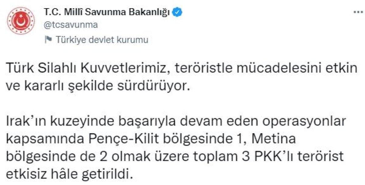 MSB: 3 PKK’lı terörist etkisiz hale getirildi