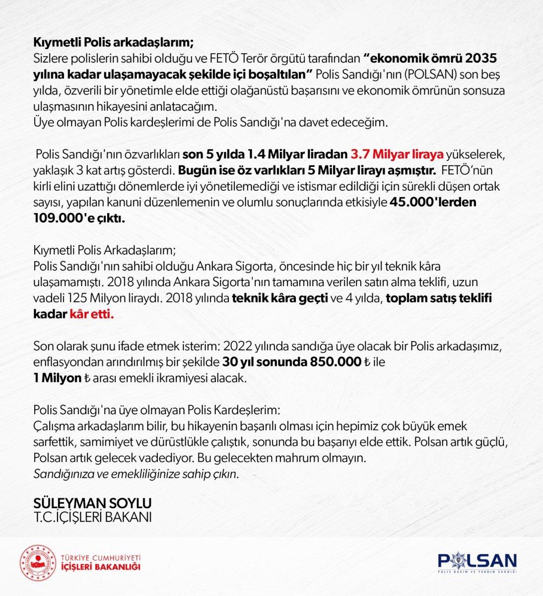 Süleyman Soylu, POLSAN'dan emeklilikle ilgili ikramiyeyi açıkladı