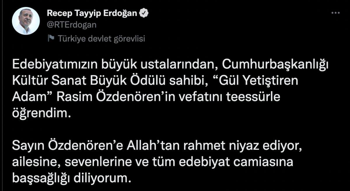 Cumhurbaşkanı Erdoğan'dan edebiyatçı Rasim Özdenören için taziye mesajı