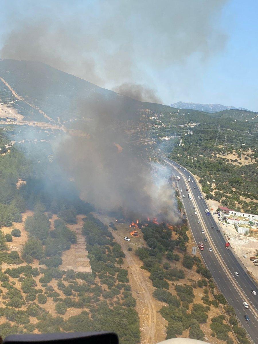 İzmir'de makilik alandaki yangına havadan ve karadan müdahale