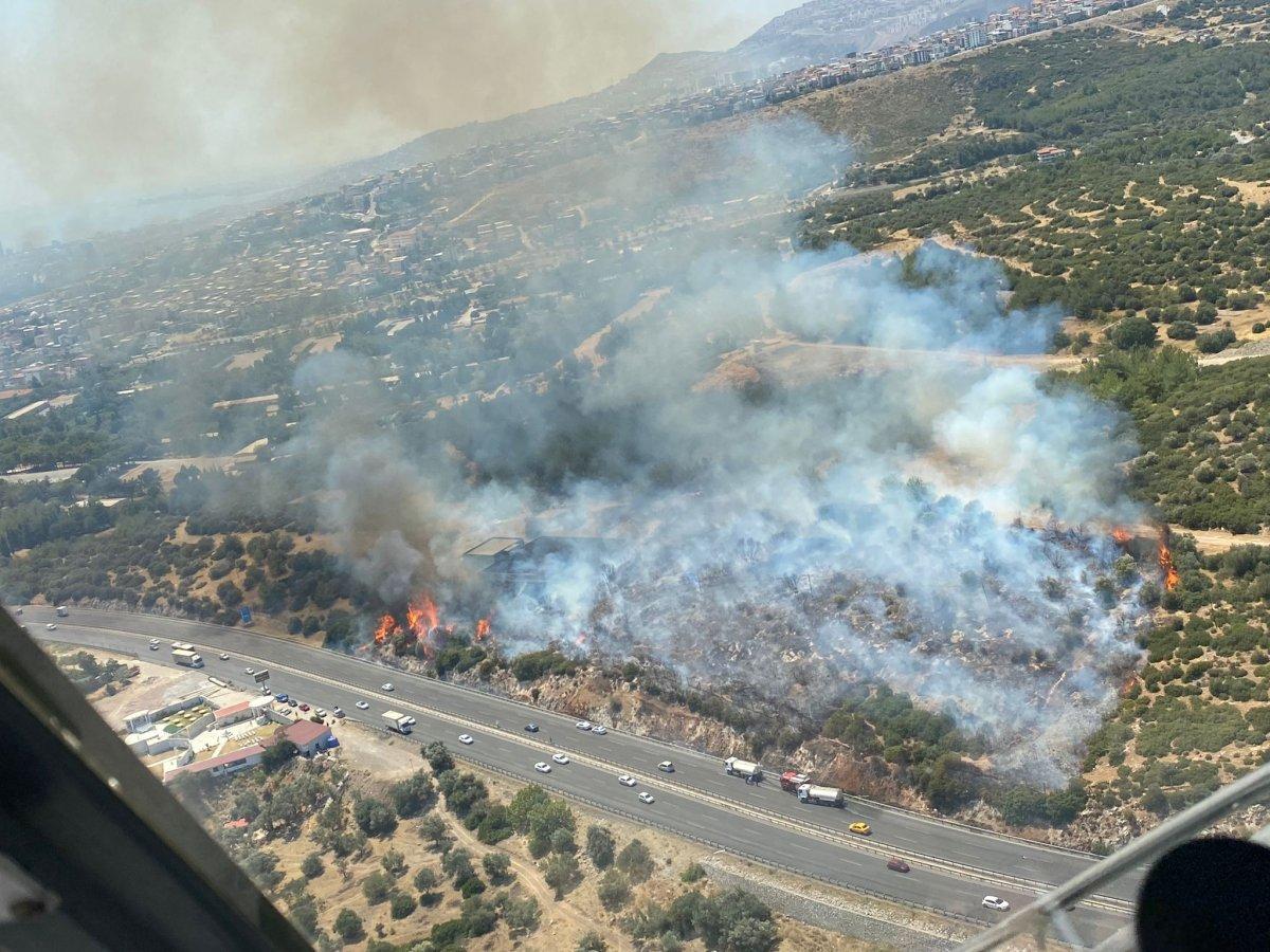 İzmir'de makilik alandaki yangına havadan ve karadan müdahale