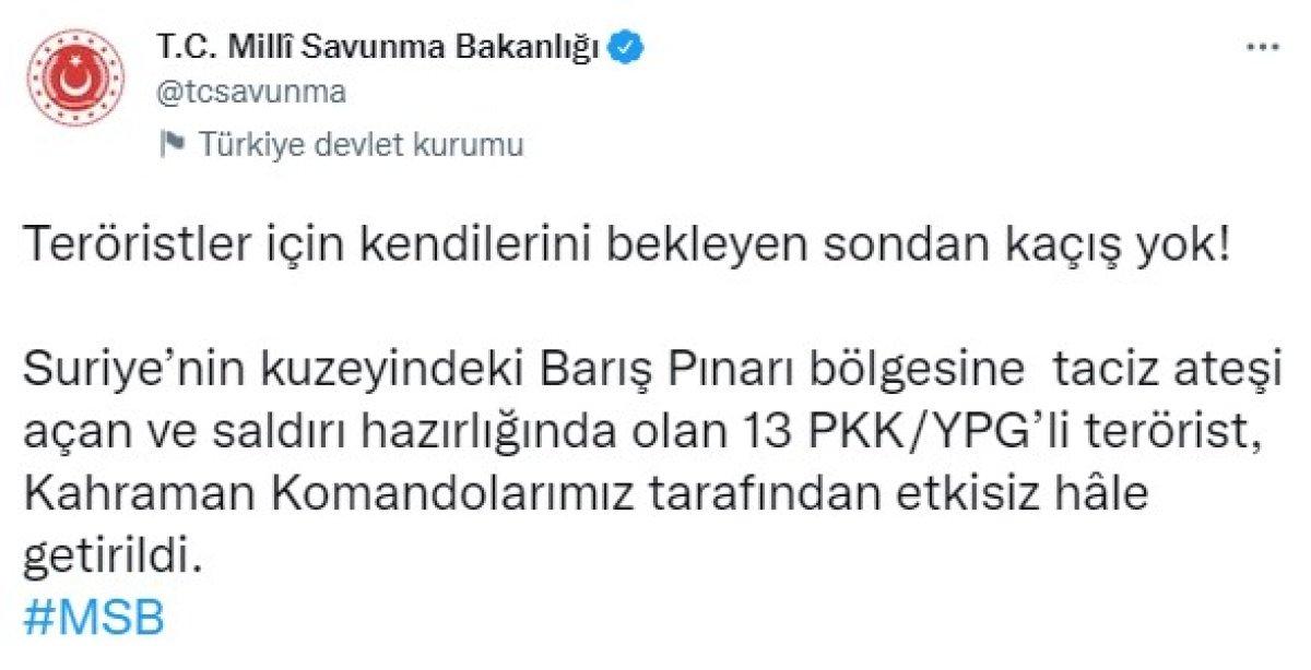 Barış Pınarı bölgesinde 13 terörist etkisiz hale getirildi