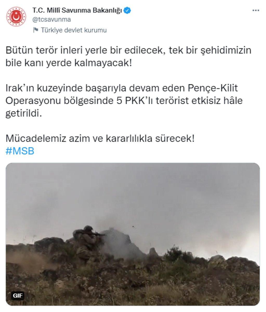 MSB: Irak’ın kuzeyinde 5 terörist öldürüldü