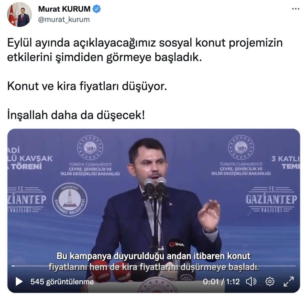 Murat Kurum: Kira ve konut fiyatları düşmeye başladı