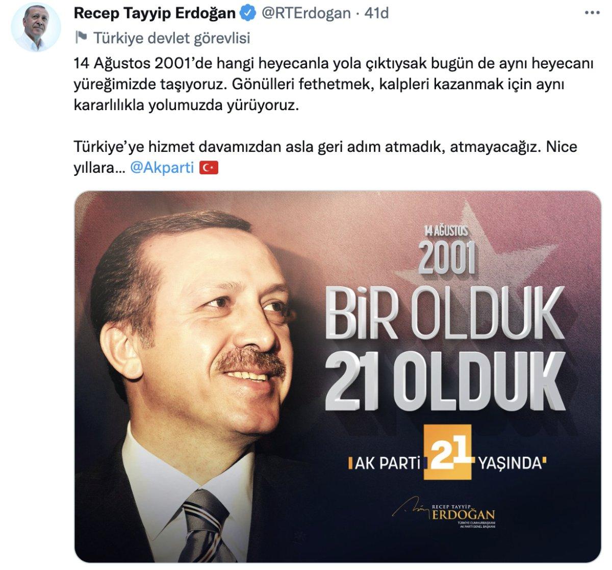 Cumhurbaşkanı Erdoğan'dan AK Parti'nin kuruluş yıl dönümü mesajı