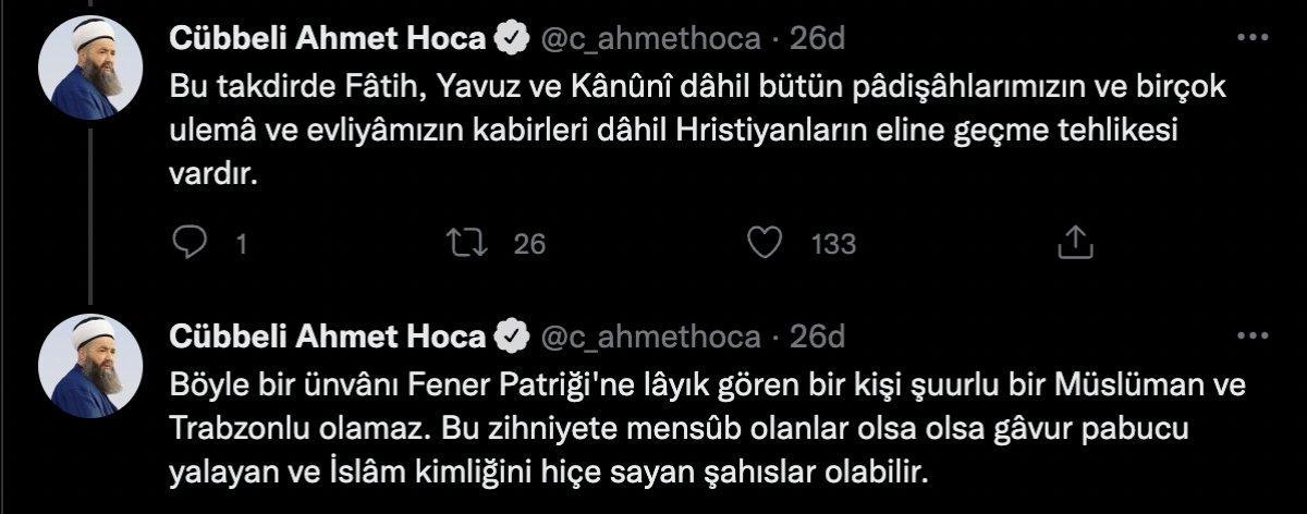 Cübbeli Ahmet Hoca'dan Fener Rum Patriği Bartholomeos'un karşılanmasına tepki