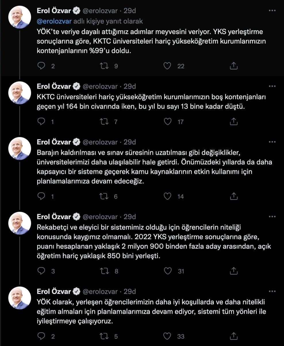 YÖK Başkanı Özvar: Kontenjanların yüzde 99’u doldu