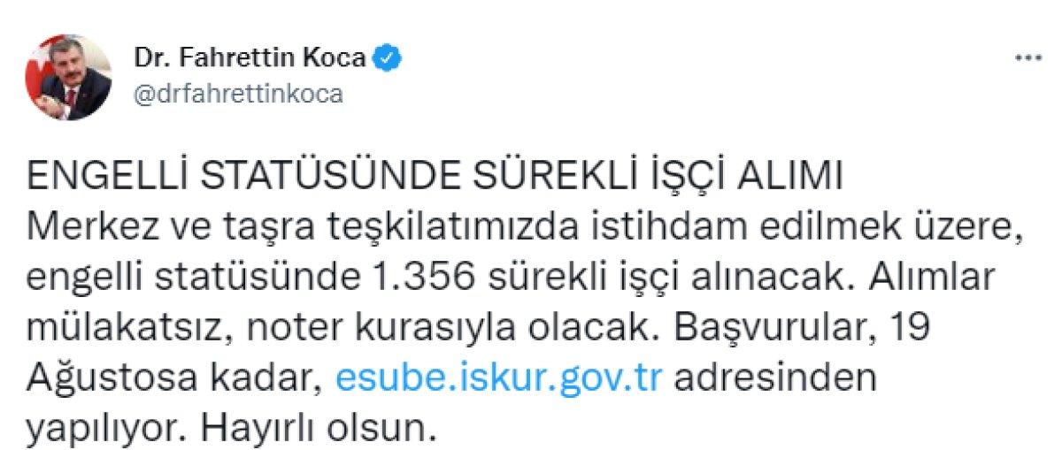 Bakan Koca: Engelli statüsünde bin 356 sürekli işçi alınacak