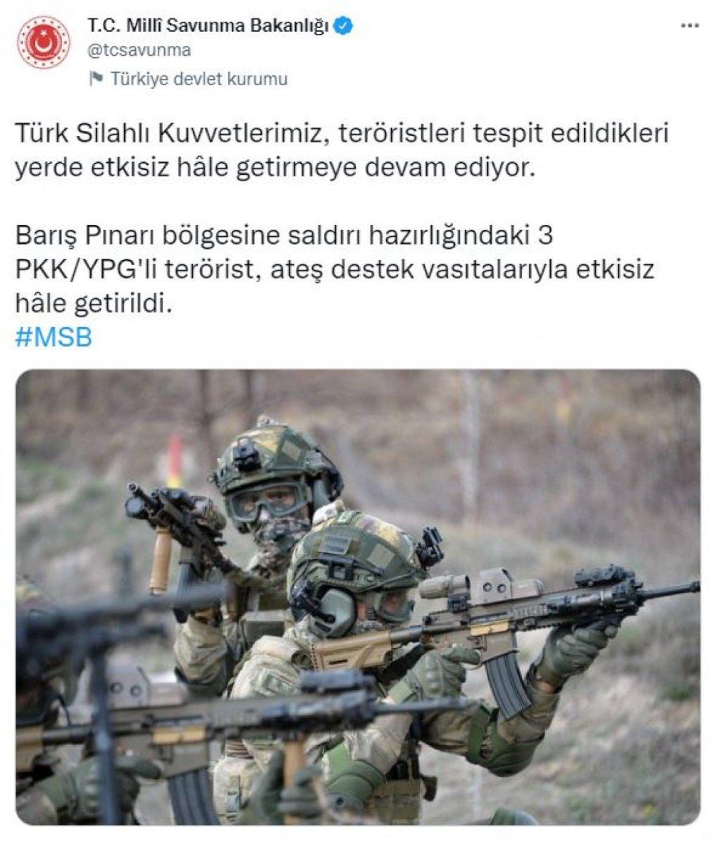 MSB: Barış Pınarı bölgesinde 3 PKK/YPG'li terörist öldürüldü