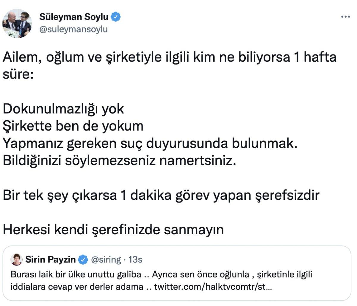 Bakan Soylu: Kim ne biliyorsa 1 hafta süre