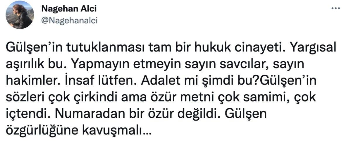 Gazeteci Nagehan Alçı, şarkıcı Gülşen'in tutuklanmasına tepki gösterdi