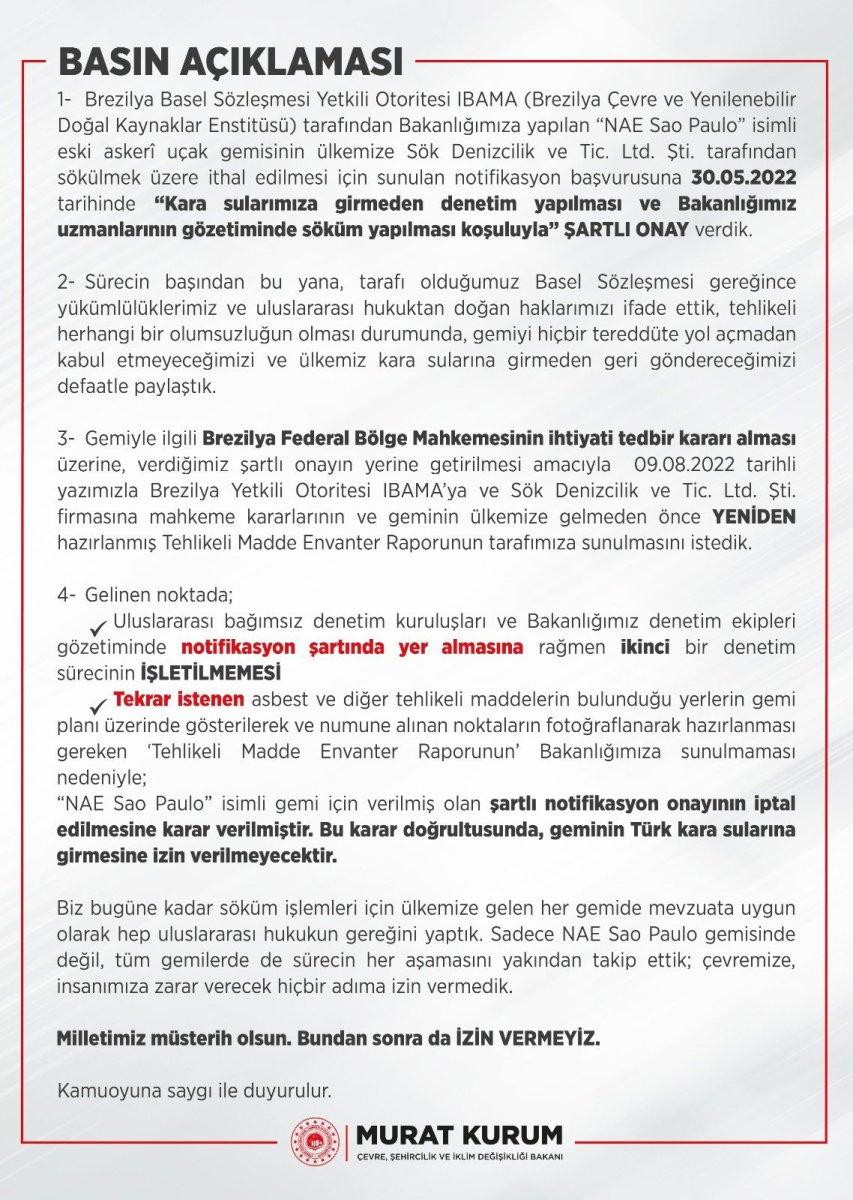 Murat Kurum açıkladı: Asbestli gemiye izin yok