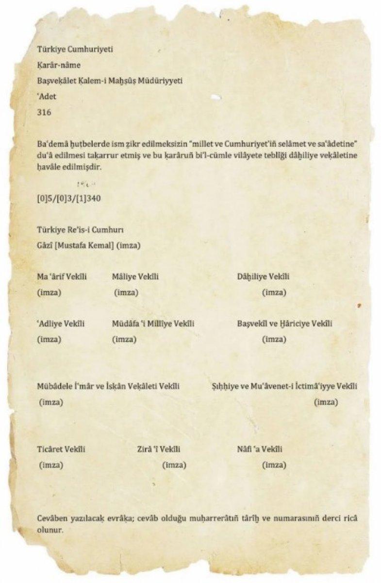 Atatürk'ün hutbelerde neden anılmadığını gösteren belge