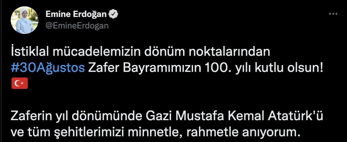 Emine Erdoğan'dan 30 Ağustos Zafer Bayramı mesajı