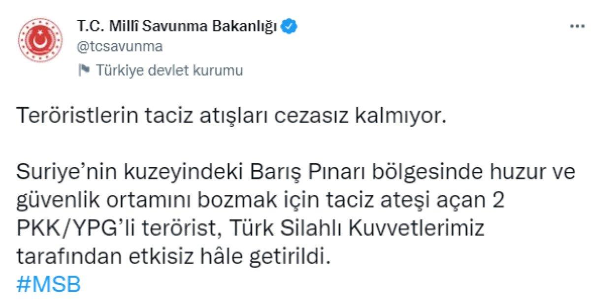Barış Pınarı bölgesinde taciz ateşi açan 2 terörist öldürüldü