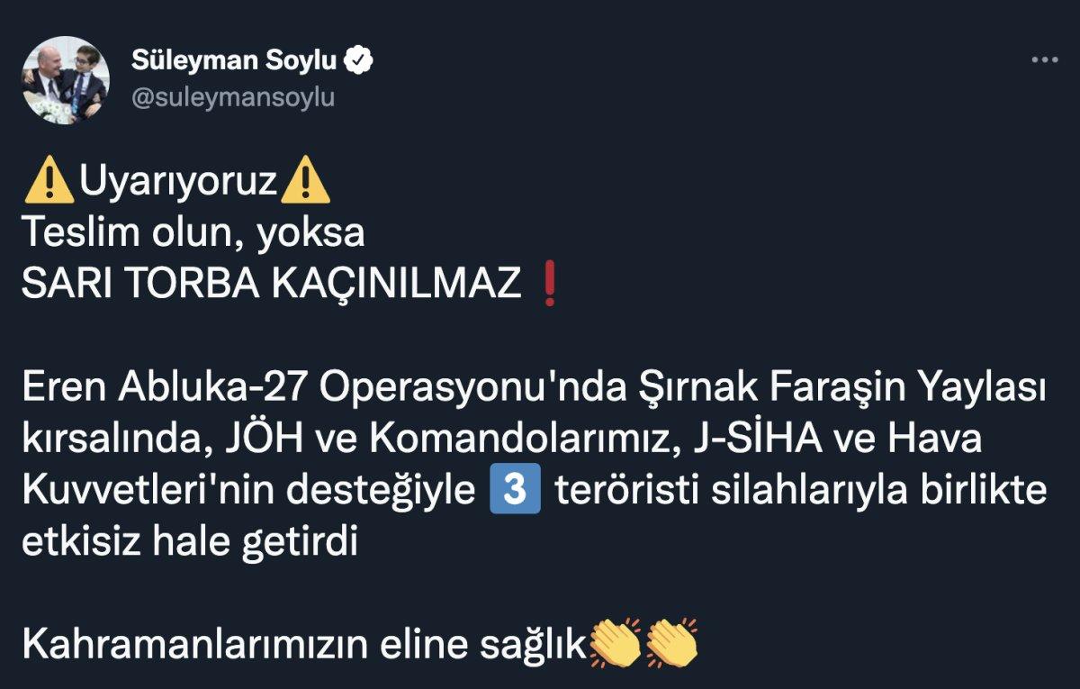 Süleyman Soylu: 3 terörist etkisiz hale getirildi