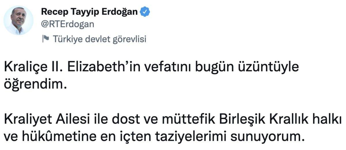 Cumhurbaşkanı Erdoğan'dan Kraliçe II. Elizabeth için taziye mesajı