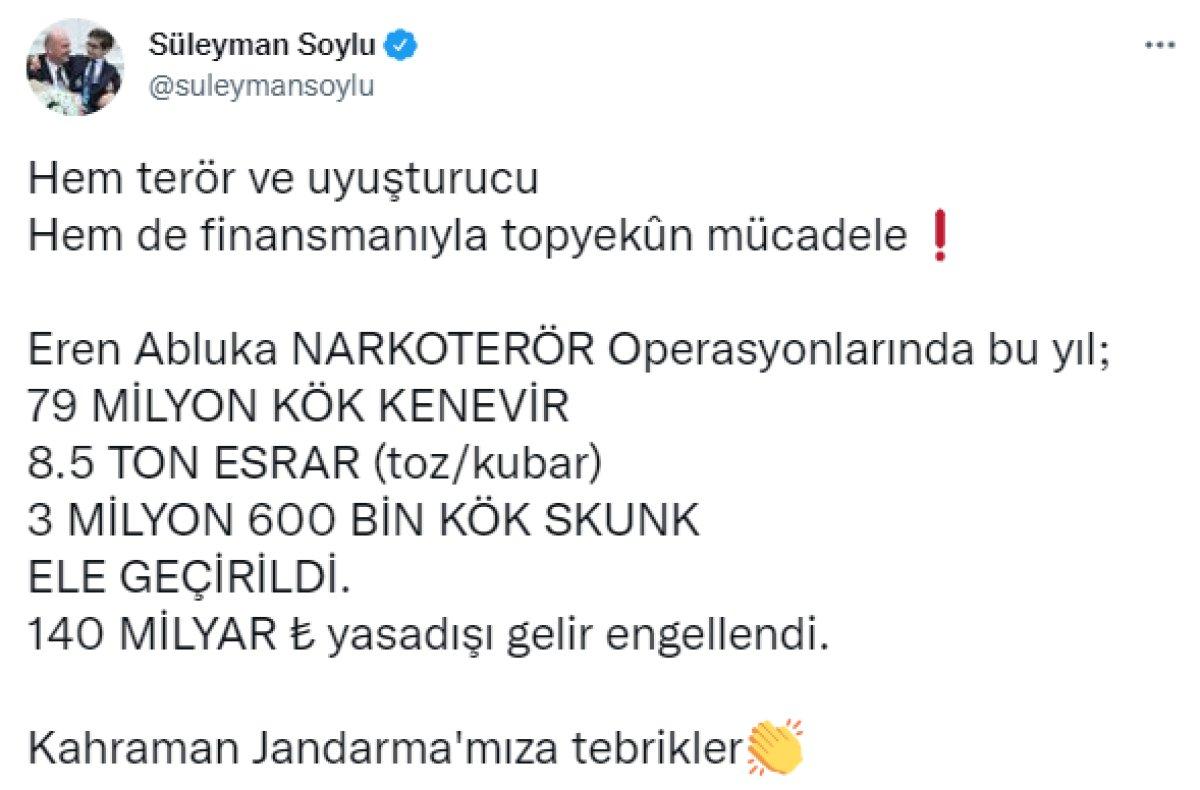 Bakan Soylu: Eren operasyonlarında bu yıl 79 milyon kök kenevir ele geçirildi