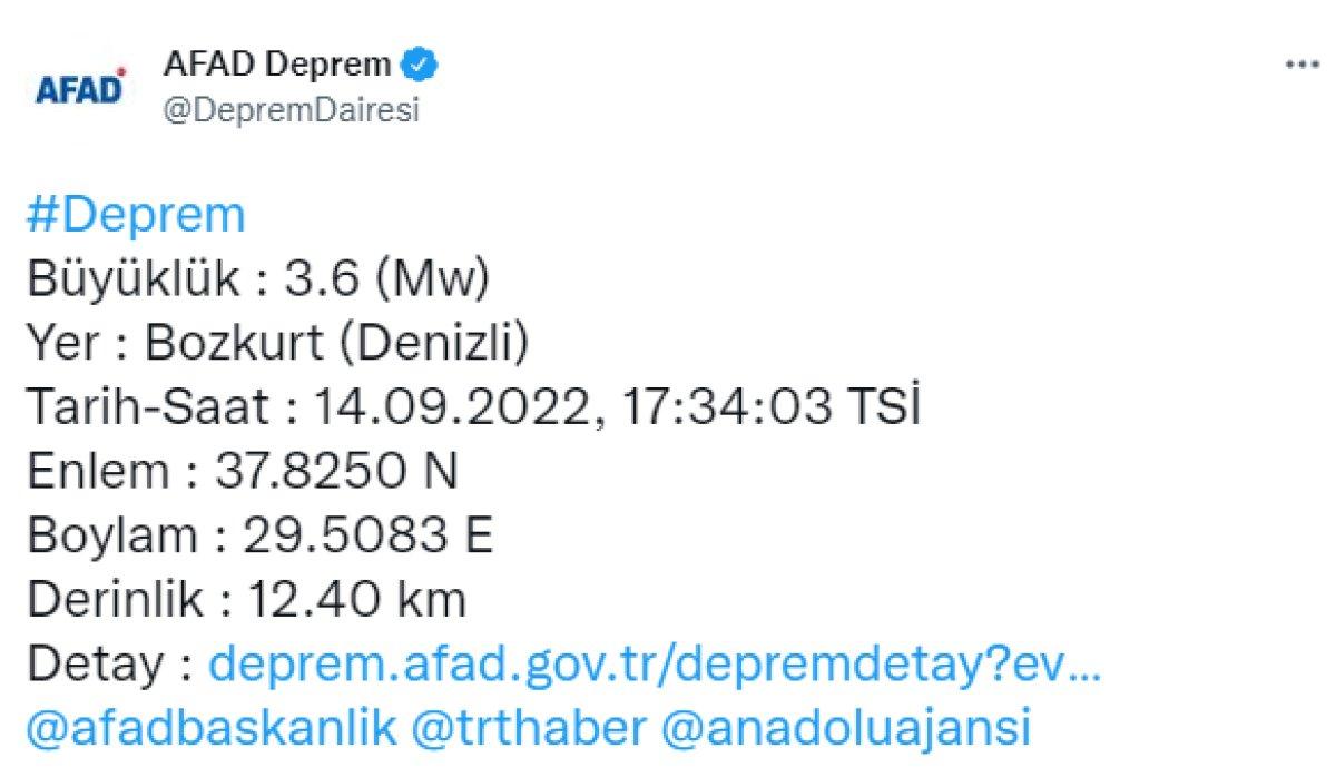 Denizli'de 3.6 büyüklüğünde deprem