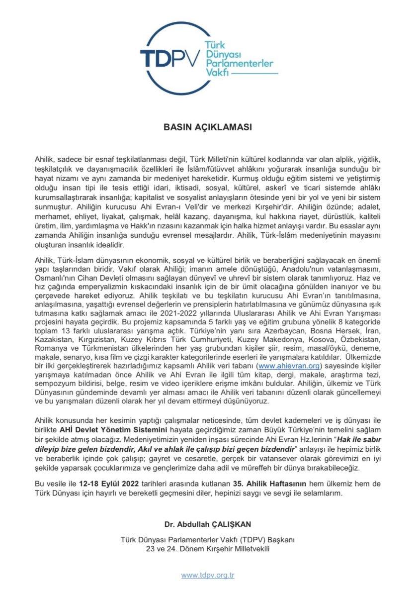 TDPV Başkanı Abdullah Çalışkan, ahiliğin önemine vurgu yaptı