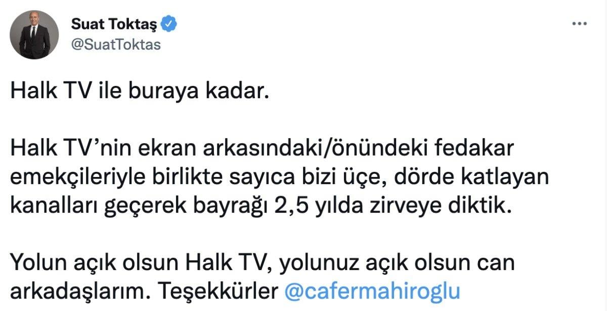 Halk TV Genel Yayın Yönetmeni Suat Toktaş, istifa ettiğini duyurdu