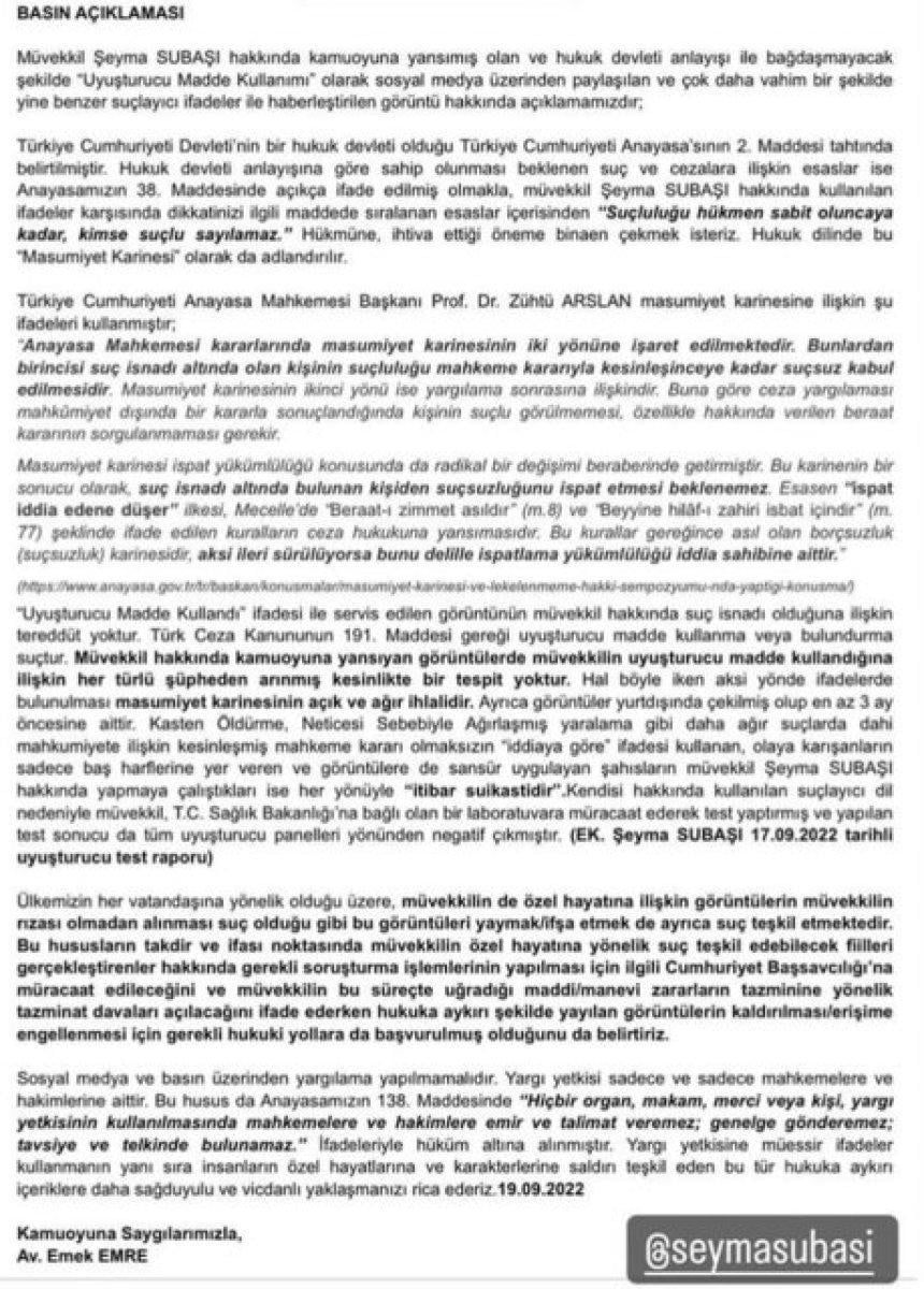 Şeyma Subaşı'nın avukatından uyuşturucu açıklaması