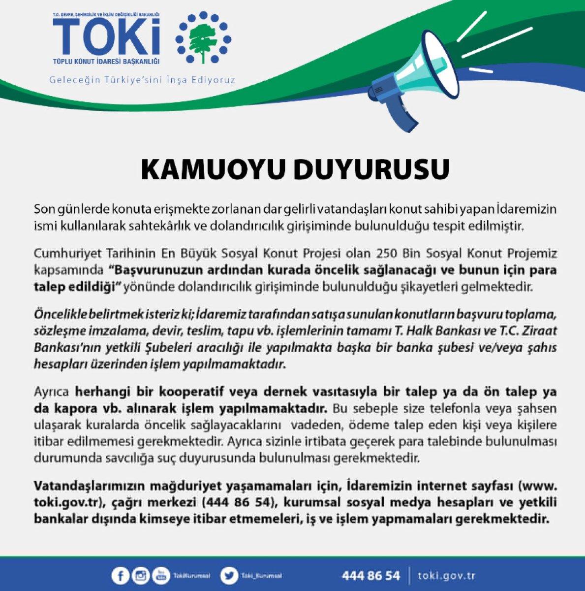 TOKİ'den vatandaşlara 'dolandırıcılık' uyarısı