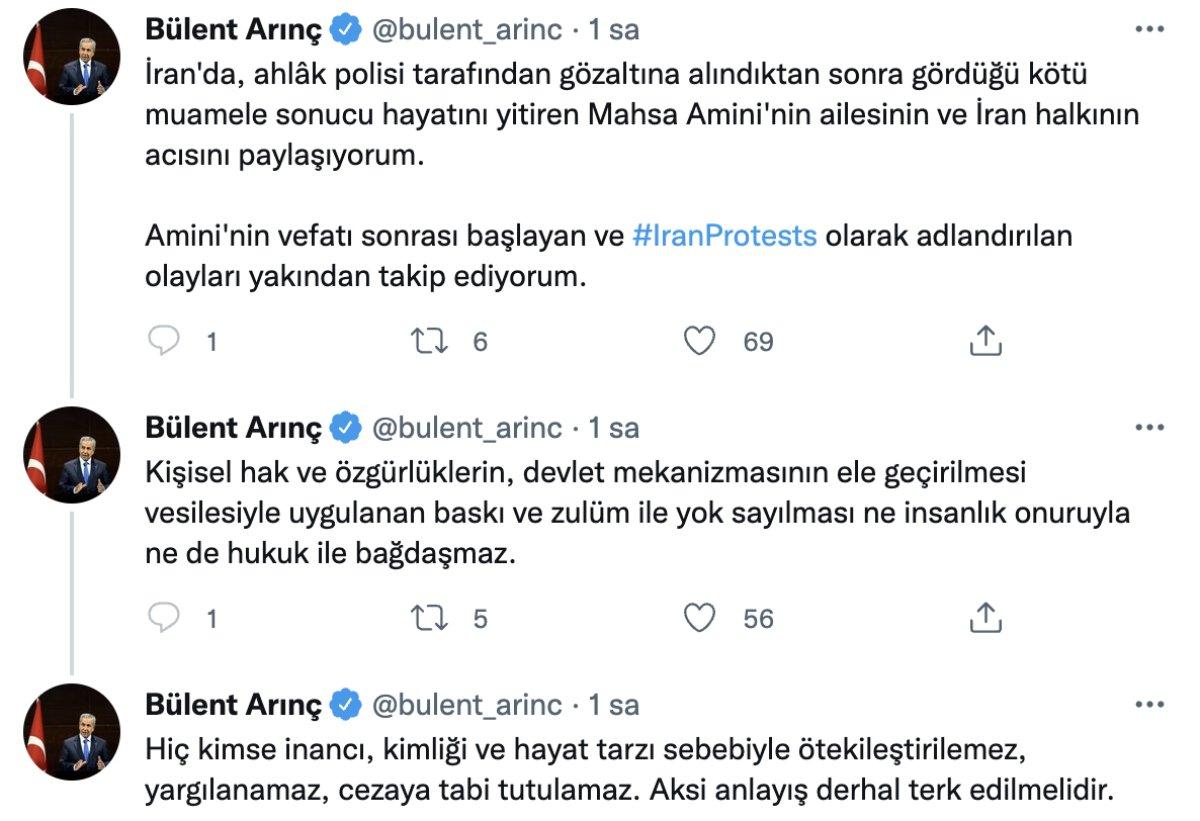 Bülent Arınç'tan 'Mahsa Amini' paylaşımı: Hiç kimse inancı nedeniyle yargılanamaz