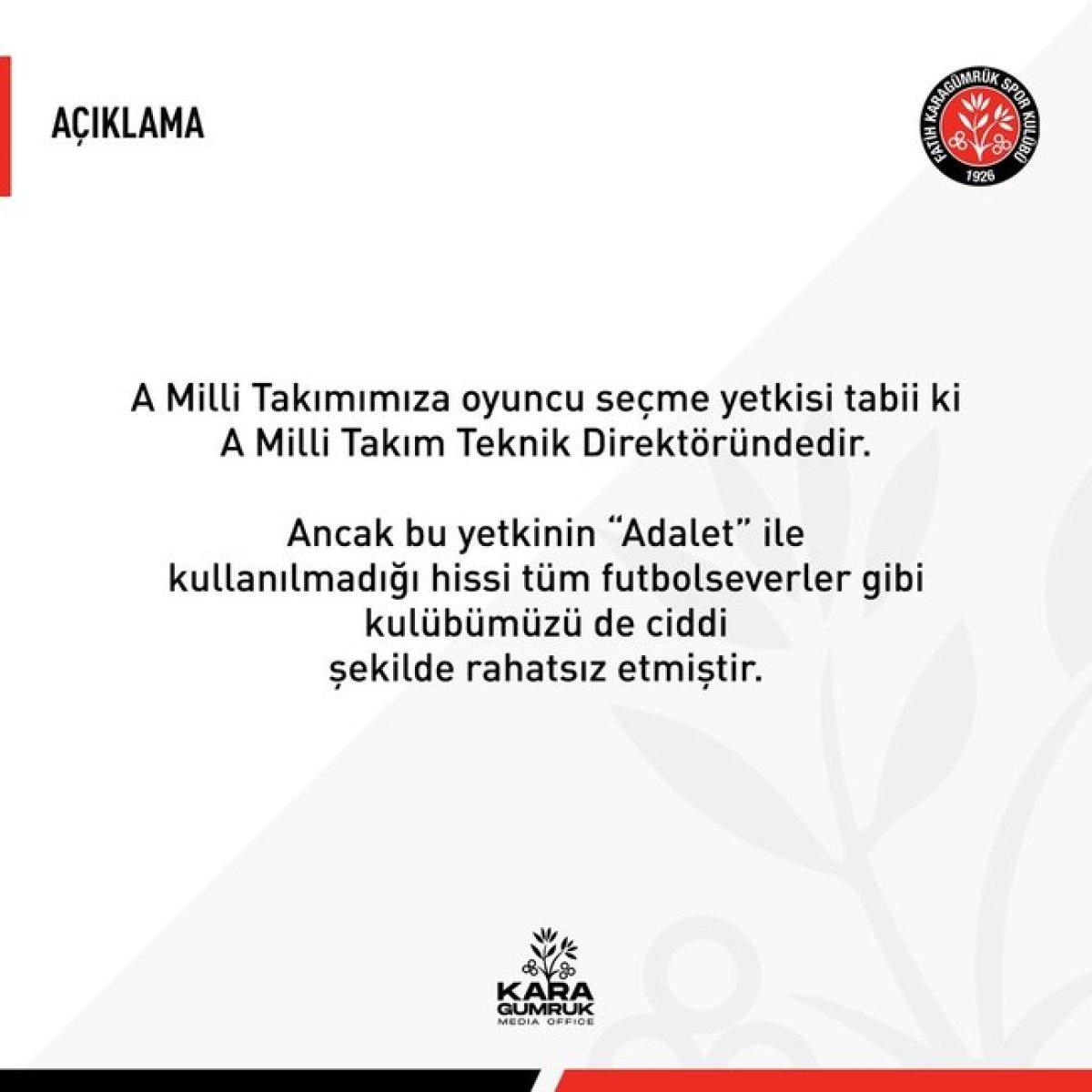A Milli Takım kadrosuna Fatih Karagümrük'ten tepki