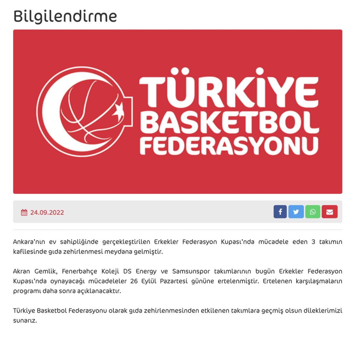 Erkekler Basketbol 1. Lig'inde mücadele eden 3 takım zehirlendi