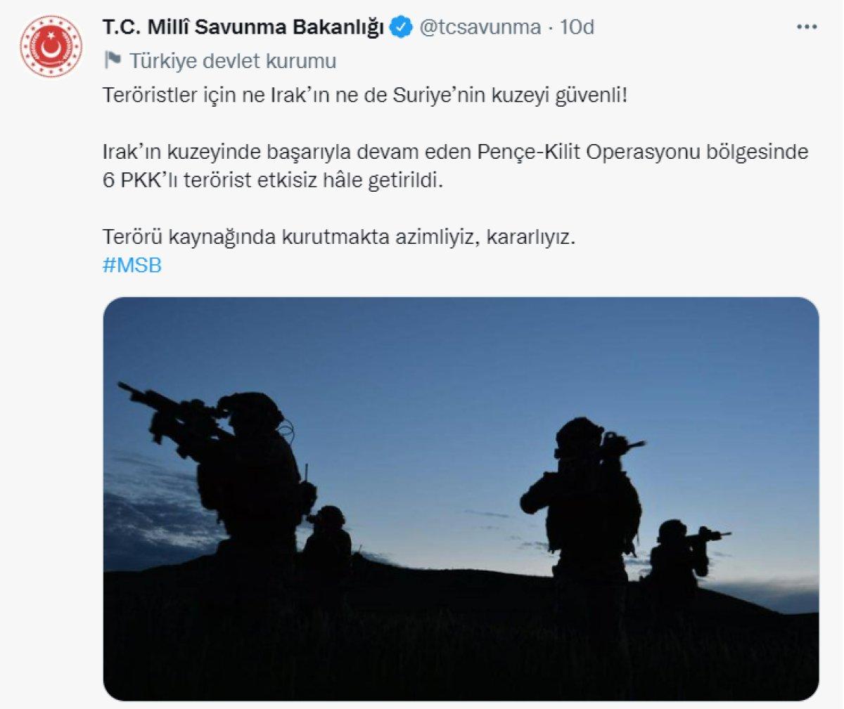 MSB: Pençe- Kilit Operasyonu'nda 6 terörist öldürüldü