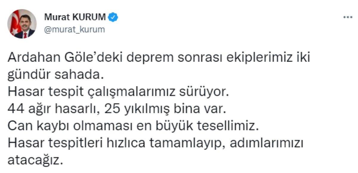 Murat Kurum: Ardahan'da hasar tespit çalışmalarımız sürüyor