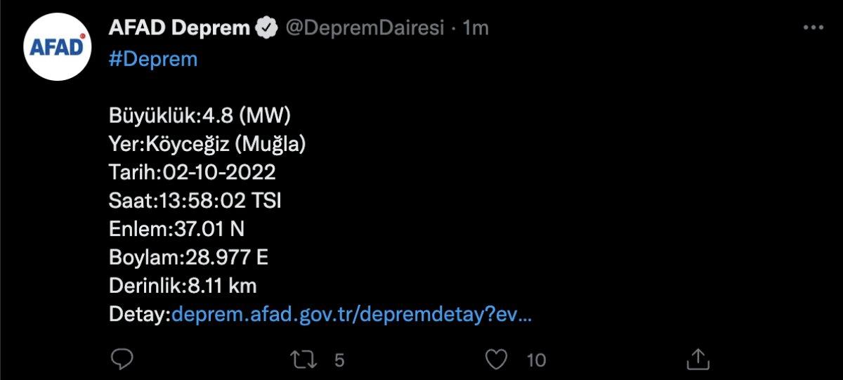 Muğla'da 4,8 büyüklüğünde deprem