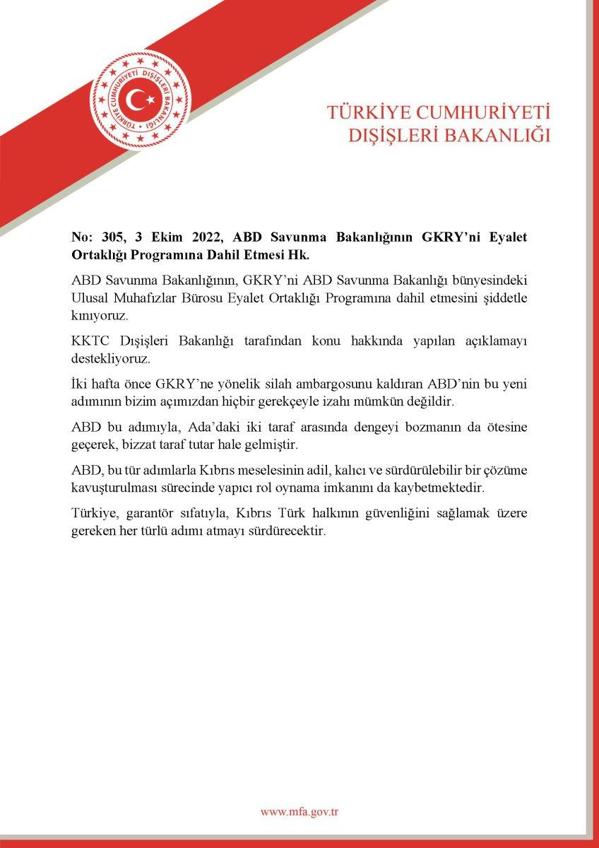 Dışişleri'nden ABD Savunma Bakanlığı'nın 'GKRY' kararına kınama