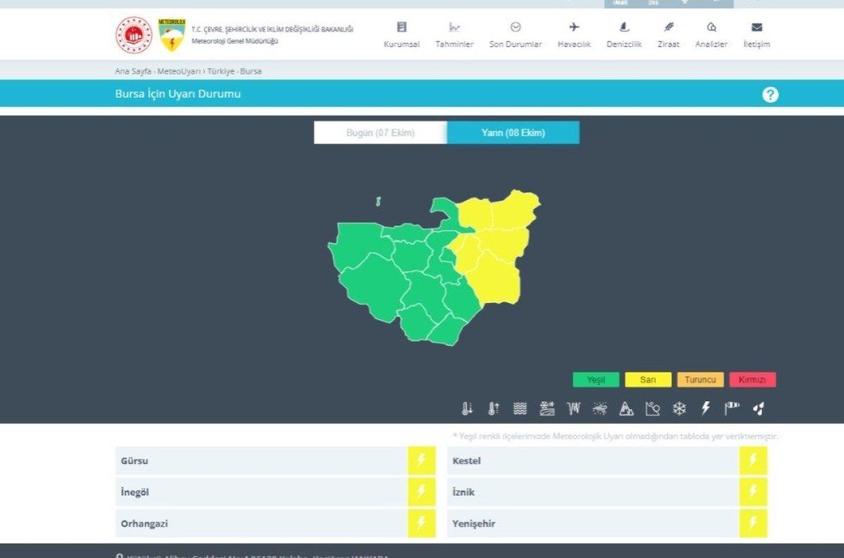 Bursa'ya meteorolojiden 6 ilçe için sarı uyarı geldi
