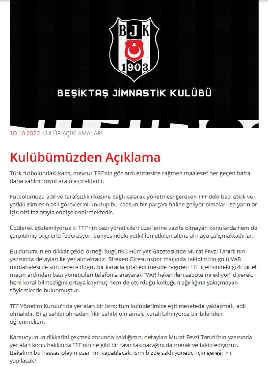 Beşiktaş'tan TFF'ye eleştiri
