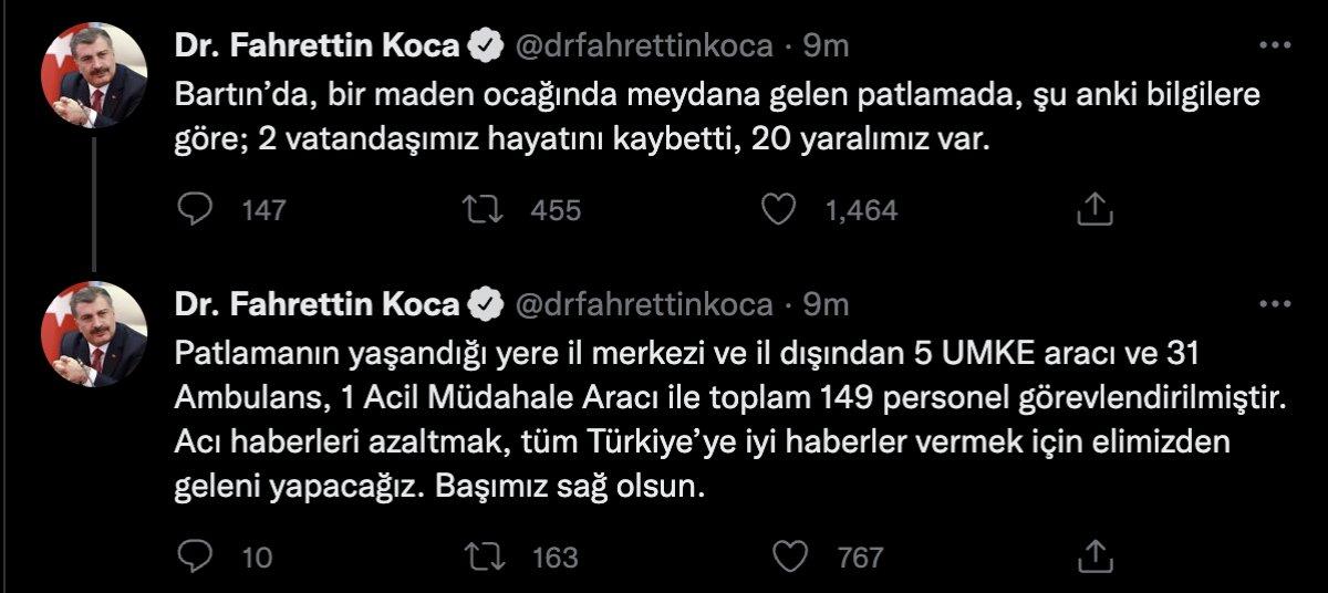 Fahrettin Koca: Bartın'da patlamada 2 kişi hayatını kaybetti
