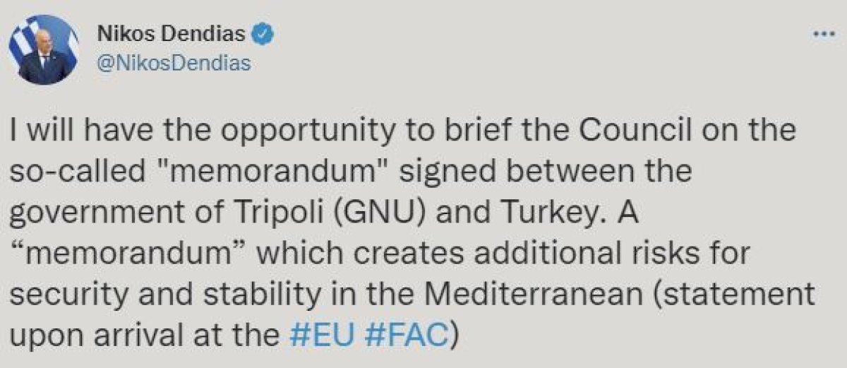 Nikos Dendias, Türkiye - Libya anlaşmasından şikayetçi oldu