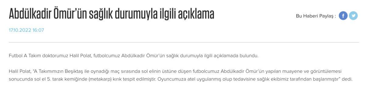 Abdülkadir Ömür'ün elinde kırık oluştu