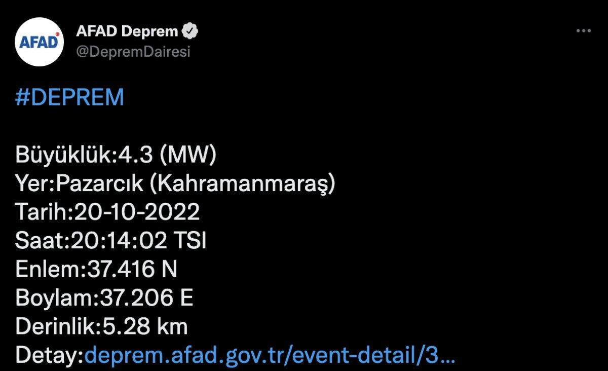 Kahramanmaraş'ta 4.3 büyüklüğünde deprem