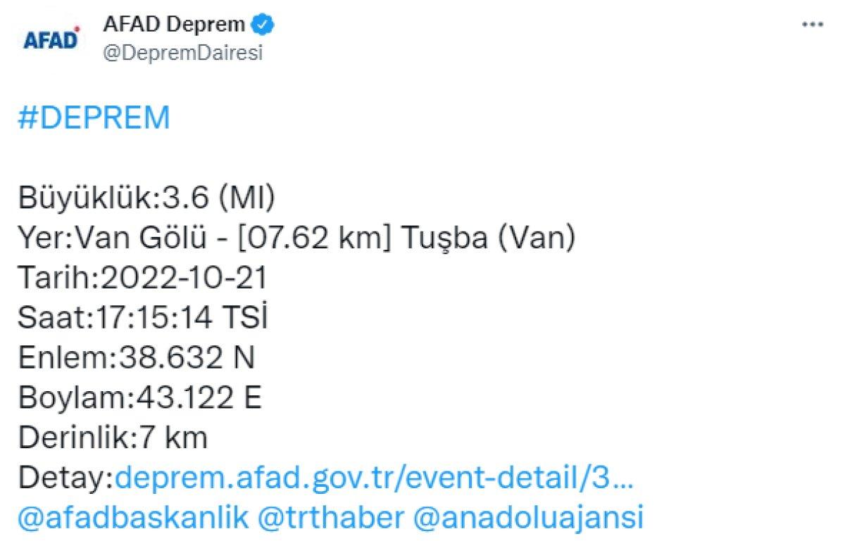 Van'da  3.6 şiddetinde deprem