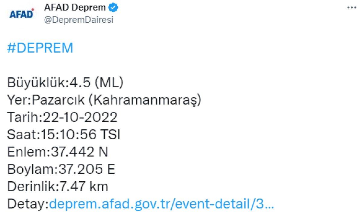 Kahramanmaraş'ta 4.5 şiddetinde deprem