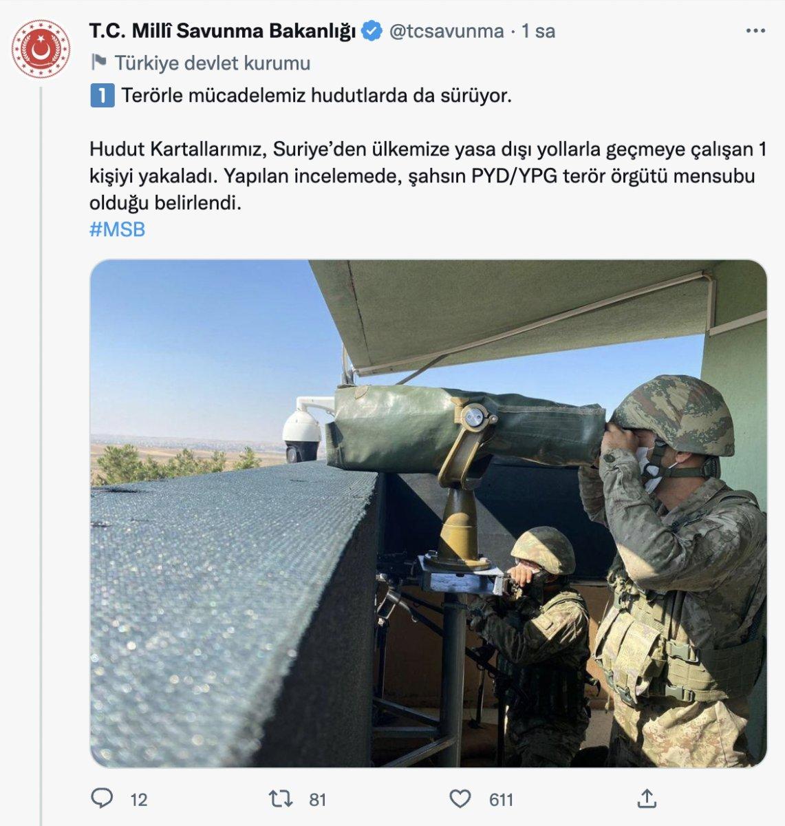 MSB: Yurda girmeye çalışan PYD/YPG mensubu yakalandı